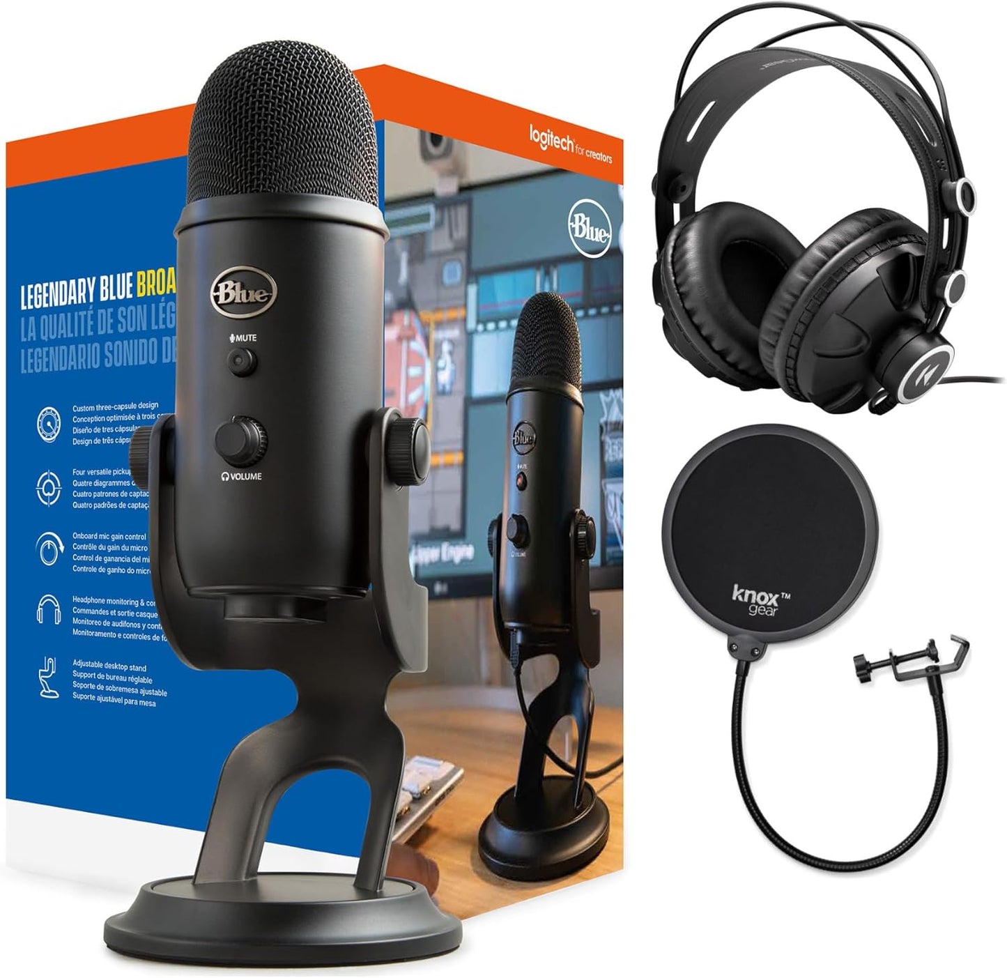 Yeti USB Microphone (Blackout) Bundle with Knox Gear Headphones and Pop Filter